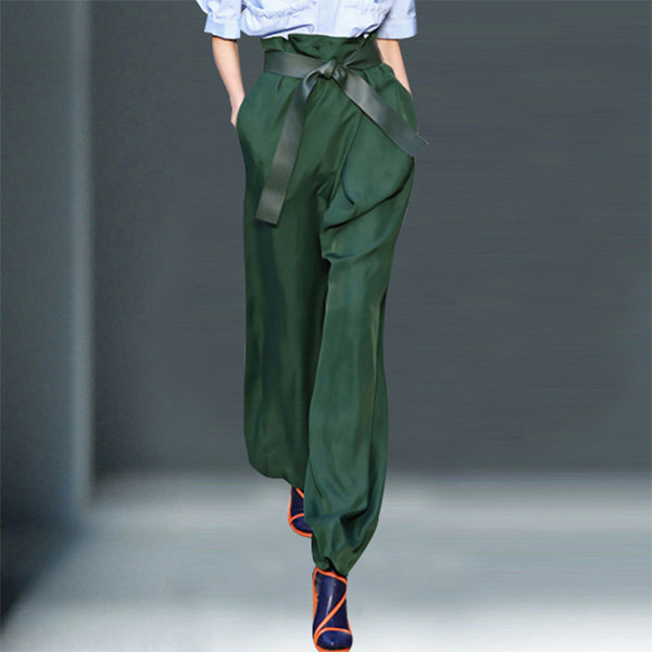 High Waisted Wide-leg Pants - Black - Green - Wide Belt from Apollo Box