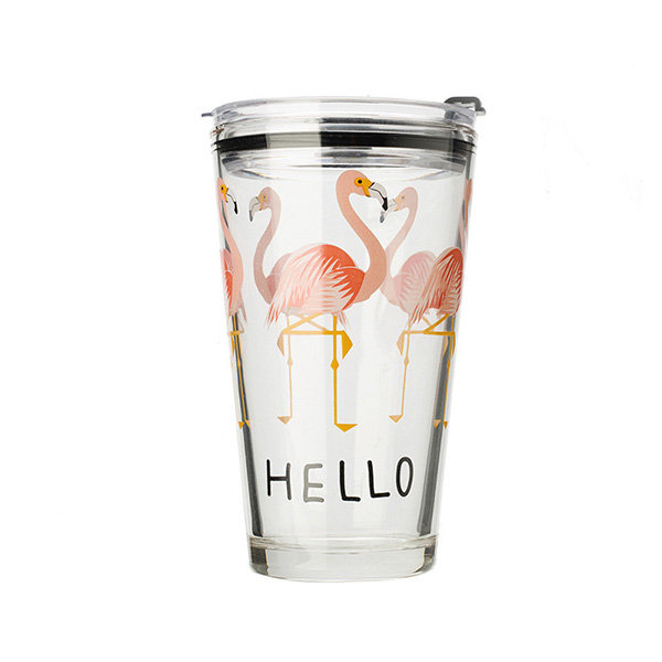 Flamingo Glass Cup with Lid with Straw