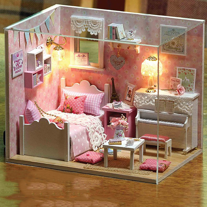 DIY Creative Doll House with Furniture Full Set Miniature Wooden Romantic Pink