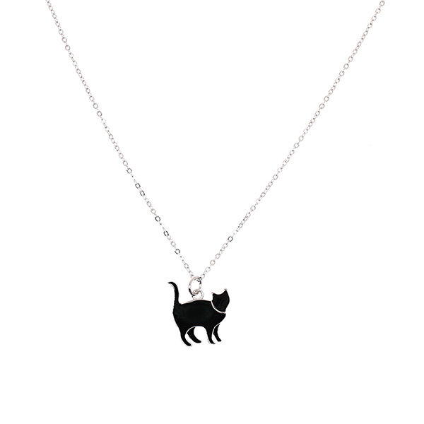 Black Cat with Flowers Enamel Pendant Necklace Jewelry
