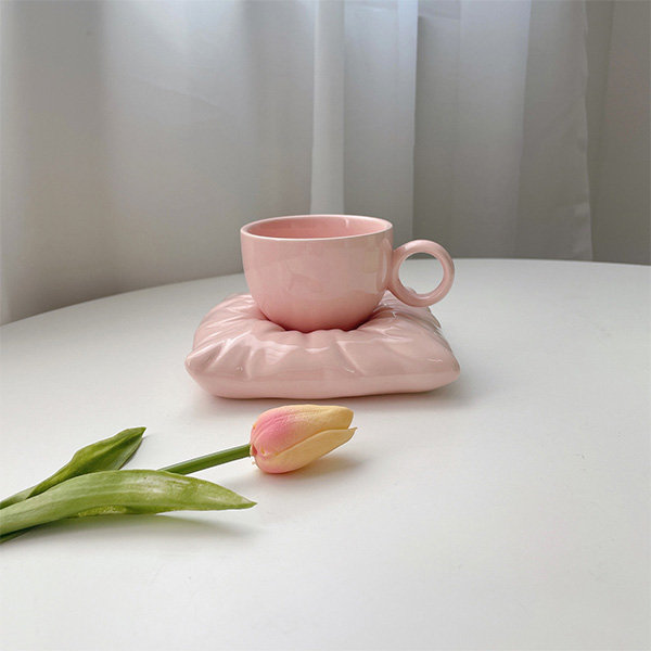Solid Colored Mug - With Pillow Coaster - Porcelain - Pink - Yellow - 6  Colors - ApolloBox