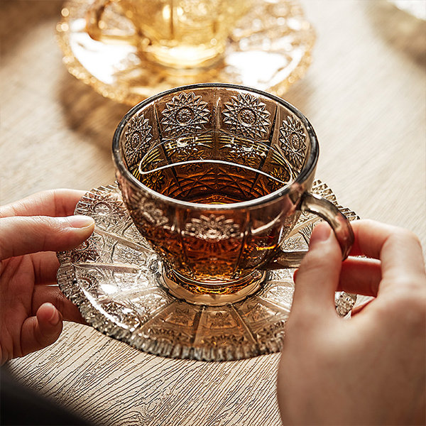 Glass Coffee Cup Saucer Set Net, Embossed Glass Tea Cup Set