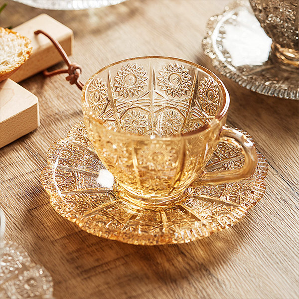Floral Brown and Gold Embossed Cup and Saucer Set (Set of 6 Cups and 6  Saucers)