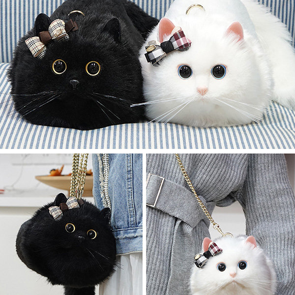 Cat Crossbody Bag - Faux Fur - 3 Sizes - White - Black - 4 Colors - White and Gray Large