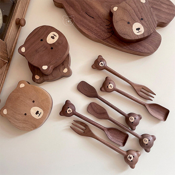 Wood Bear Tableware - Black Walnut Wood - Oak - 5 Patterns - Coaster - Fork