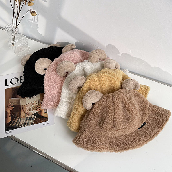 Cute Sheep Horn Bucket Hat - Plush - Yellow - White - Brown - ApolloBox