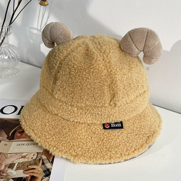 Cute Sheep Horn Bucket Hat - Plush - Yellow - White - Brown - ApolloBox