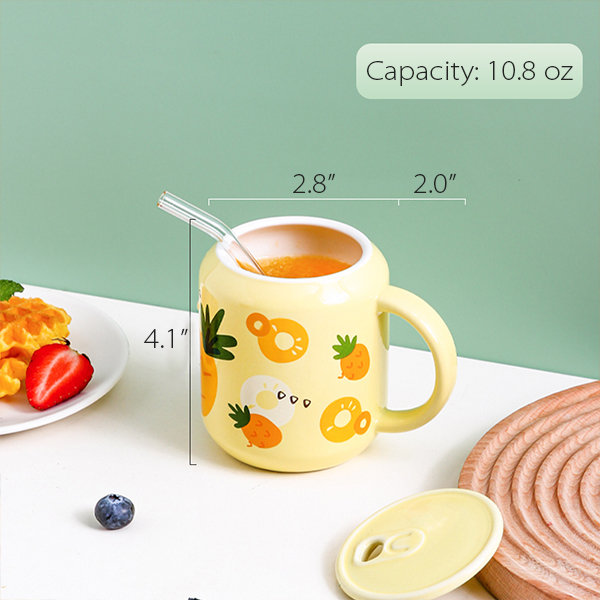 1pc Cute Fruit Design Ceramic Straw Cup With Lid And Spoon For Office,  Children And Coffee, Japanese Style