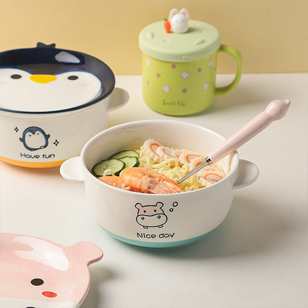 Cartoon Animal Ceramic Bowl with Glass Lid - Perfect for Kids