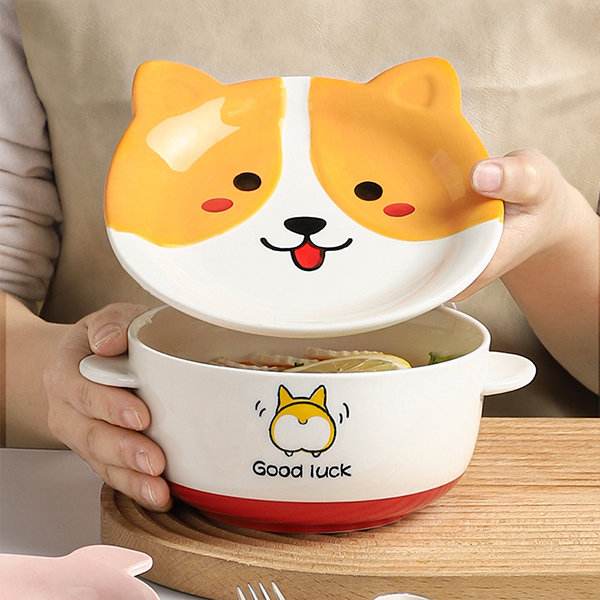 Cartoon Animal Ceramic Bowl with Glass Lid - Perfect for Kids