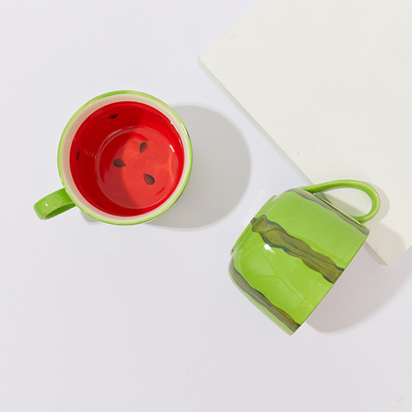 WAIT FLY Ceramics 14 OZ Watermelon Cup with Spoon with Saucer for Lovers for Kids Gifts Coffee Milk Lovely Breakfast Mug 