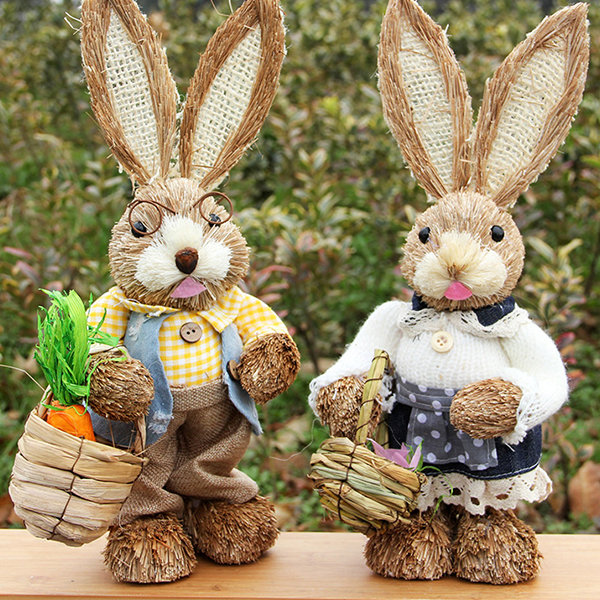 2Pcs Straw Rabbits Easter Bunny Home Garden Decorations Centerpiece  Ornament