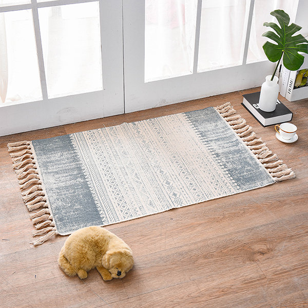 Grey Bohemian Bathroom Rug with Tassels, Boho Mat (23.6 x 35