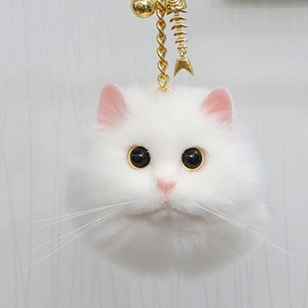 Faux Fur Cat Pendant Keychain, Cute Kitten Golden Tone Alloy Key Ring  Ornament, Cornflower Blue, 7.4x6.7cm