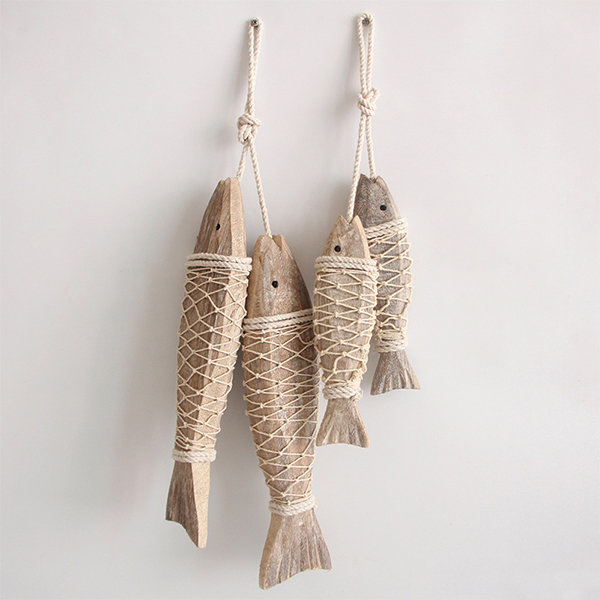 Dragonus Antique Vintage Wooden Fish Decor Hanging Wood Fish with Fishing Net Hand Carved Nautical Ornaments Home Wall Decor Hanger Gift, Size: Small