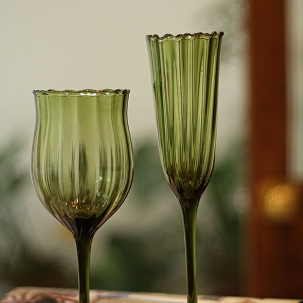 MCM Modern Contemporary Wine Champagne Martini Glasses Flute Green Faceted  Stem