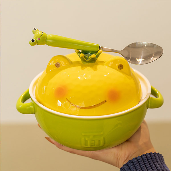 Cute Frog Bowl With Lid - Fork - Ceramic - Blue - Green