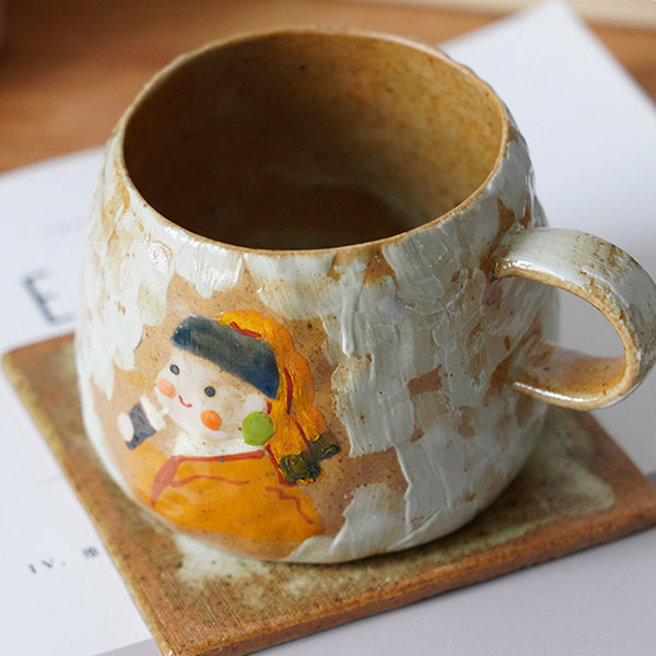 Embossed Hand Painted Coffee Mug - Ceramic - Red Flower - Yellow Cherry  from Apollo Box