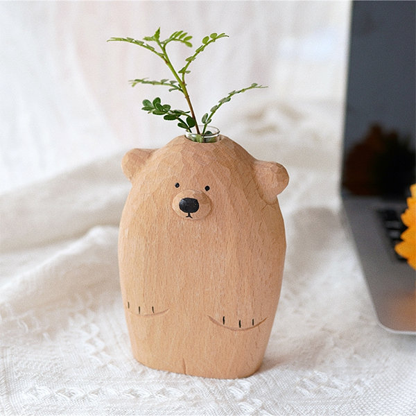 Cute Carved Wood Bear Vase