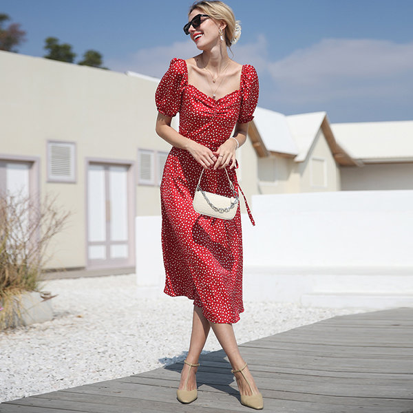 Charming Red Puff Sleeve Dress - ApolloBox