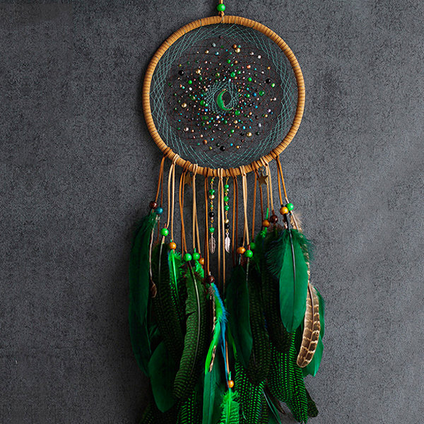 Handmade Green Dream Catcher - Hanging Decoration - Feather Obsidian Wood  from Apollo Box