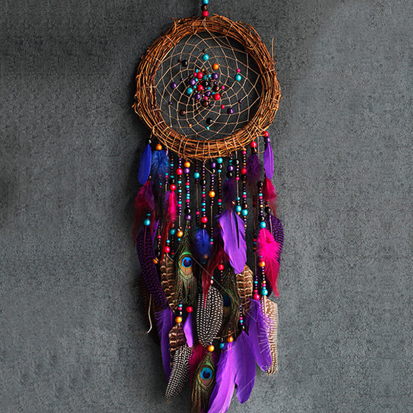 Western Indian Dreamcatcher Feathers Faux Rattan Straw Stationery Pen  Holder