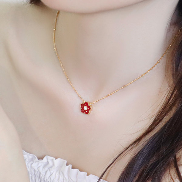 Flower Necklace - 925 Silver And Red Agate - ApolloBox