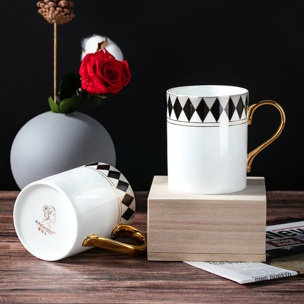 Black Argyle Pattern Mug - Ceramic - Golden Handle from Apollo Box