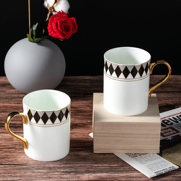 Black Argyle Pattern Mug - Ceramic - Golden Handle