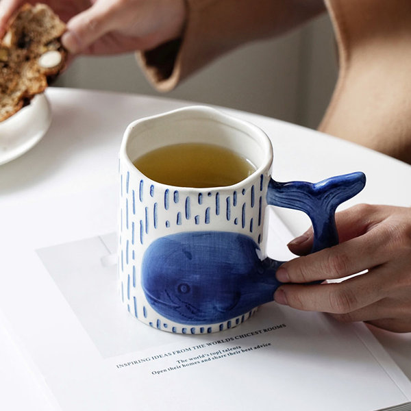 White Ceramic Whale Shaped Coffee Mug with Handle and Smiling