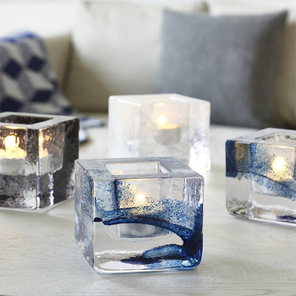 Modern Brick Candlestick - Glass - Imported From Sweden - Blue - White