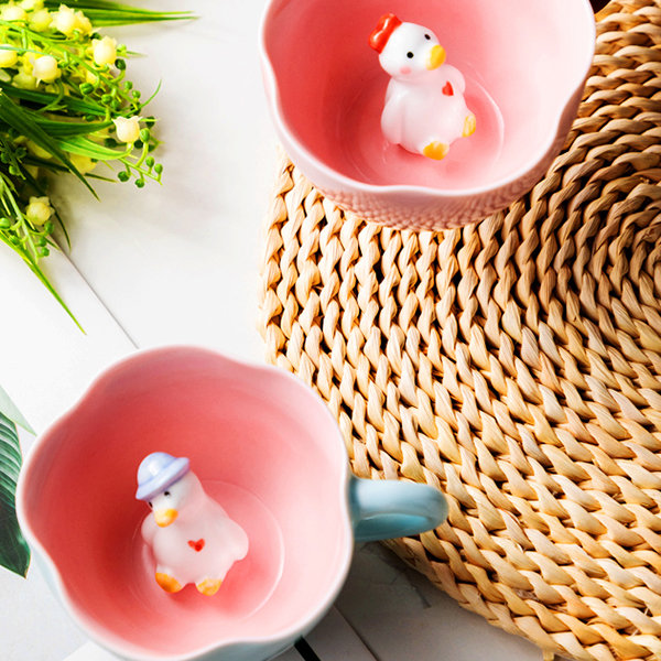 1 Piece Cute Glass Cup with Duck Duckling Prints 390ml Stackable