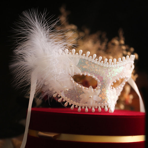 Masquerade Mask - White - Rhinestone And Feathers - Tassels - ApolloBox