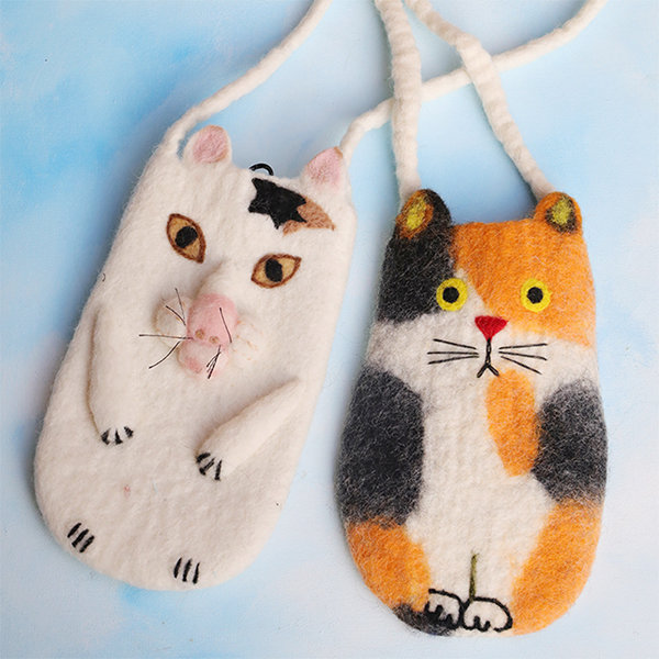 Cute Cat Crossbody Phone Bag - Wool - White - Orange
