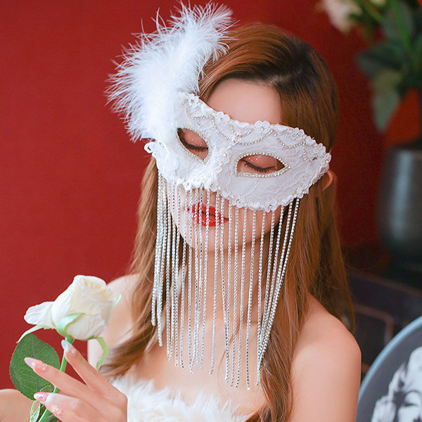 Masquerade Mask - White - Rhinestone And Feathers - Tassels - ApolloBox