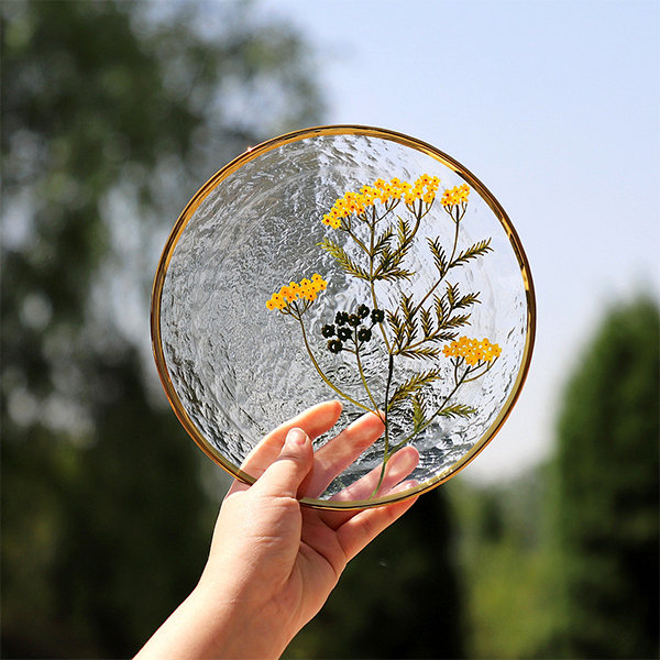 Hammered Glass Plate - Creative Floral Pattern - Exquisite Golden Brim