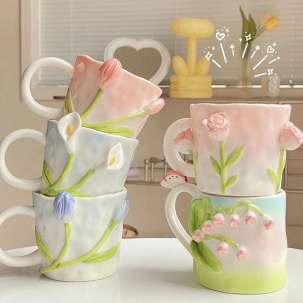Floral Inspired Mug - Ceramic - Pink Tulip - Blue Tulip - 4 Patterns