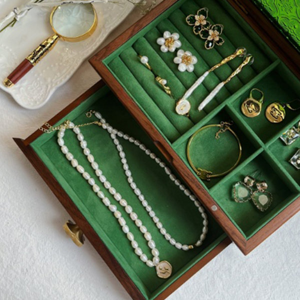 Vintage Jewelry Box - Black Walnut Wood - Velvet - ApolloBox