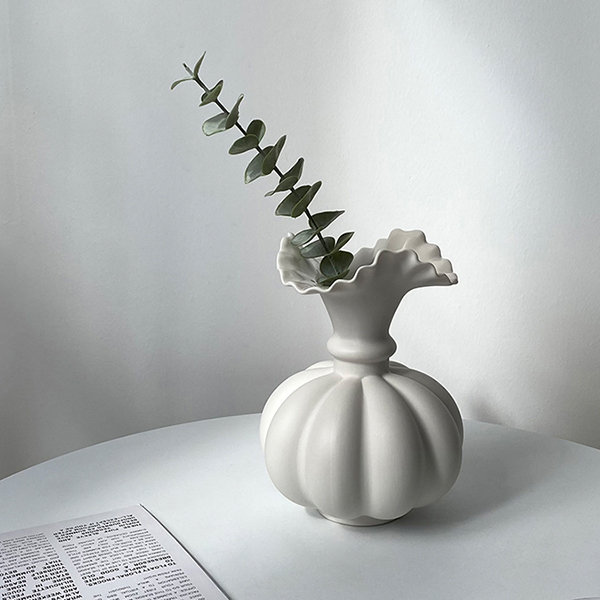 Pumpkin Shaped Vase - Ceramic - White - Blue