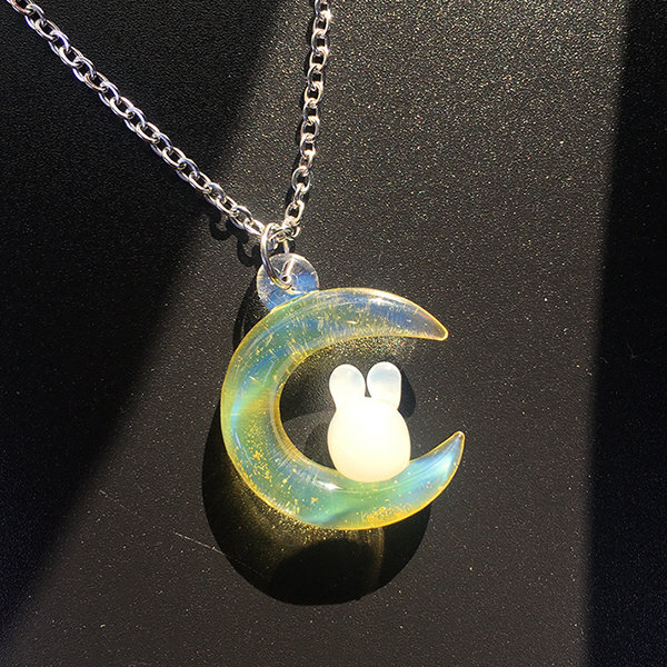 Moon And Rabbit Pendant Necklace - Glass - Handmade Design