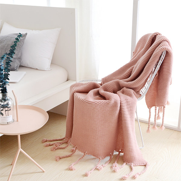 Solid Color Tassel Blanket - Acrylic Fiber - Pink - Green - 6 Colors Available