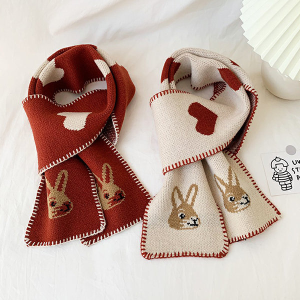 Rabbit And Heart Plush Scarf - Beige - Black - 6 Colors