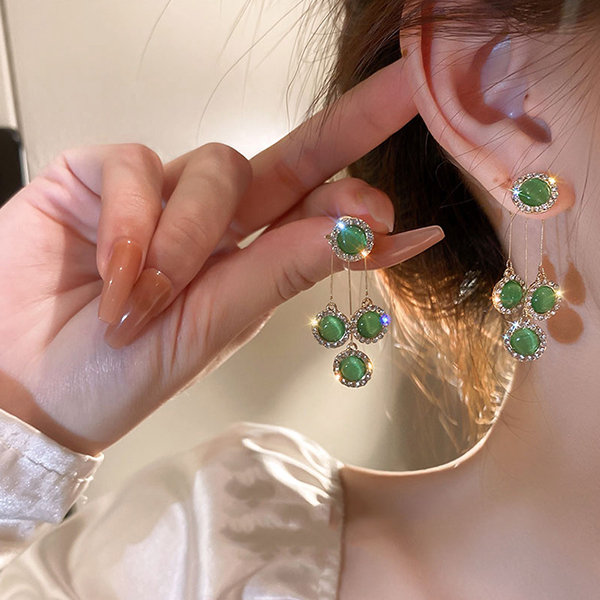 Green Opal Earrings - Copper - Rhinestone - Resin