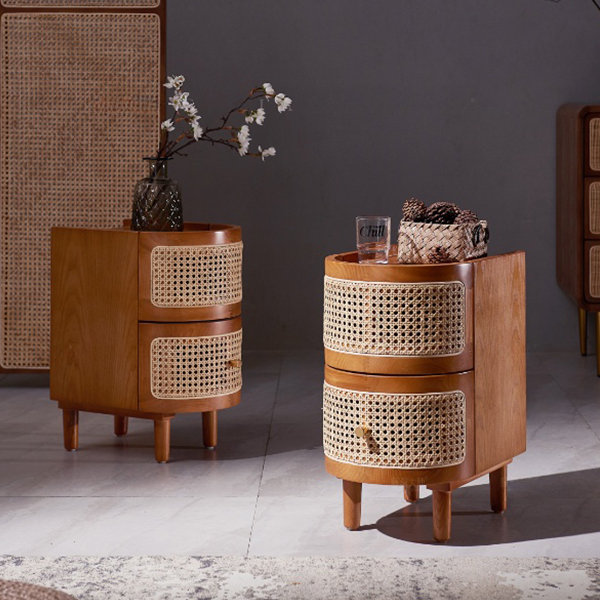 Ash Wood Bedside Table - 2 Drawers - Rattan from Apollo Box