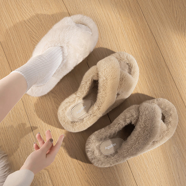 Cross Band Slippers Plush Apricot White 4 Colors ApolloBox