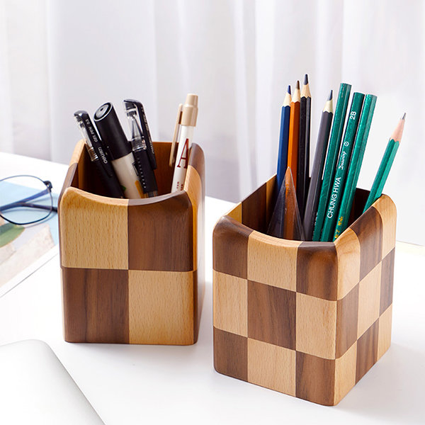 DAMJTLM Solid Wood Pen Holder Color Combination Pencil Container Office  Desk Case (White with black)
