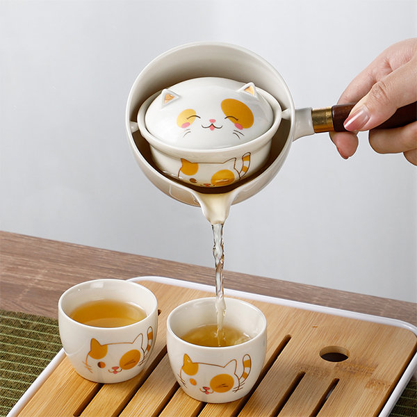 cat print tea set