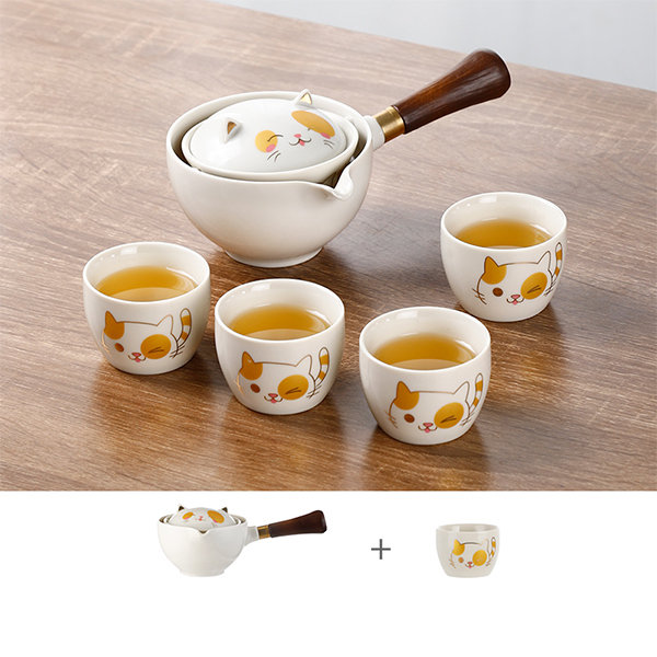 Cute Cat Tea Set - Ceramic - 1 Teapot and 4 Cups - ApolloBox