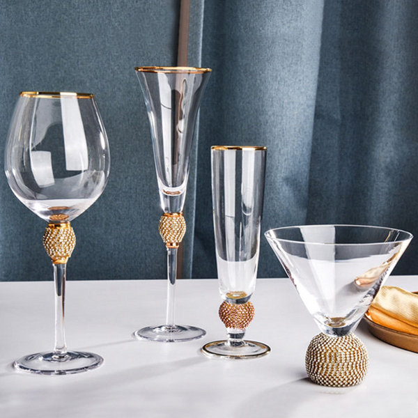 Clear Long Stem Large Gold Iridescent Wine Glasses Stemware Vintage 9”