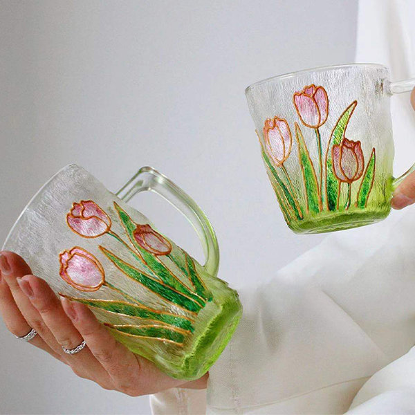 Tulip Pattern Glass Coffee Mug With Spoon, High Borosilicate Glass